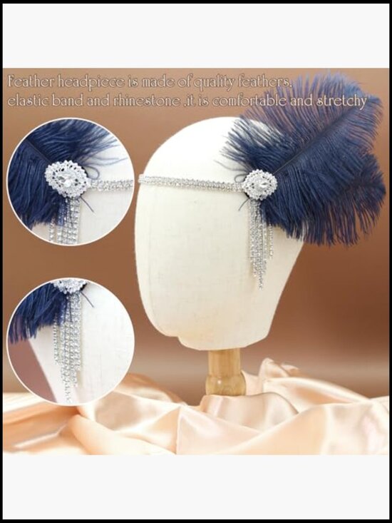 Vintage 1920s Flapper Feather Headband Crystal Rhinestone Gatsby Party Hair main image 2